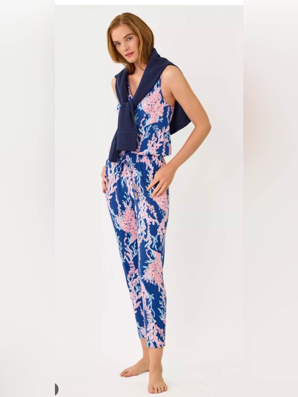Lilly Pulitzer, NWT, sleeveless Blue Floral Print Jumpsuit w/ Drawstring Waist s